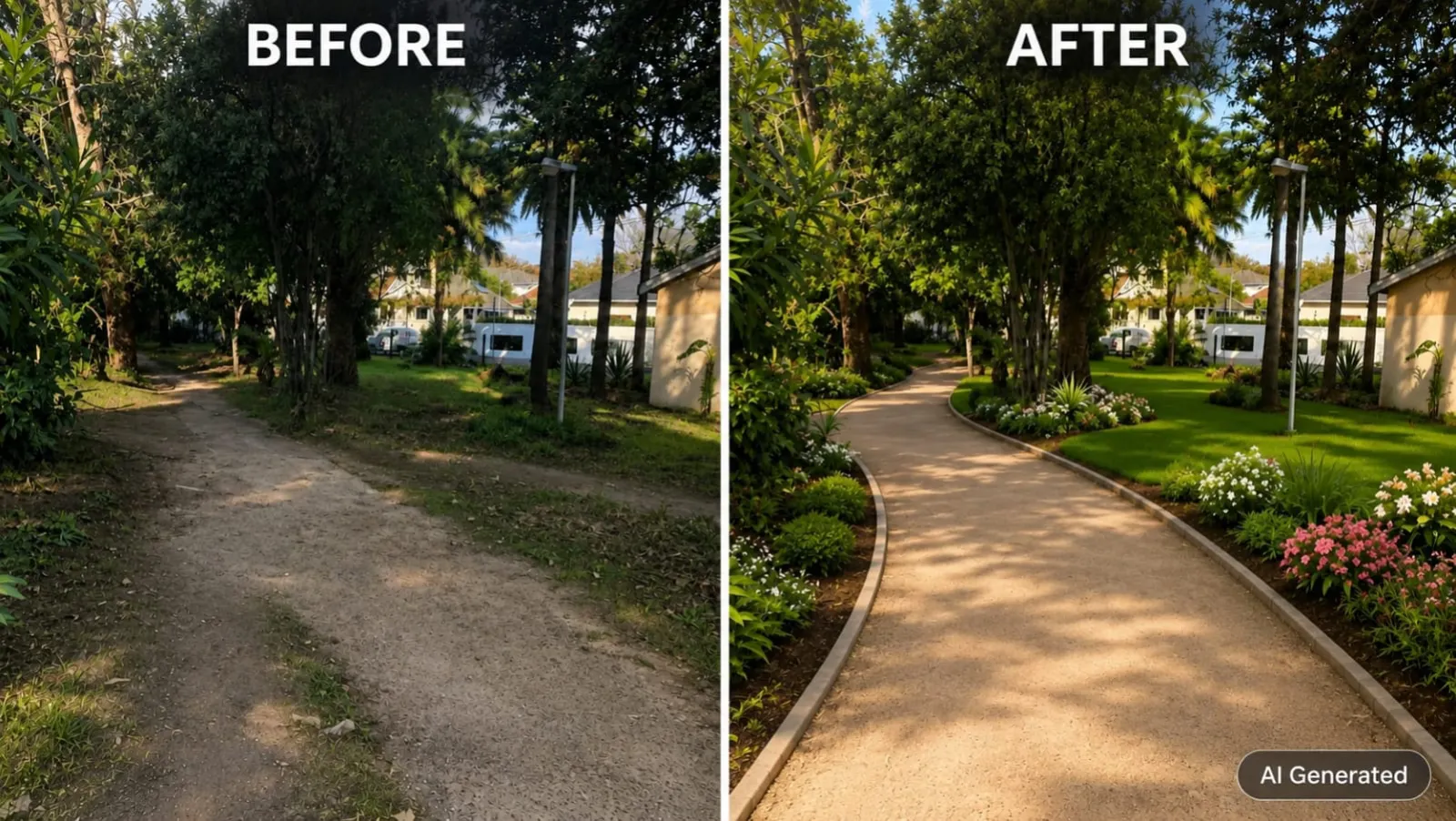 Gorilla Gardeners Project — before and after of a Rondebosch pathway transformed with planting