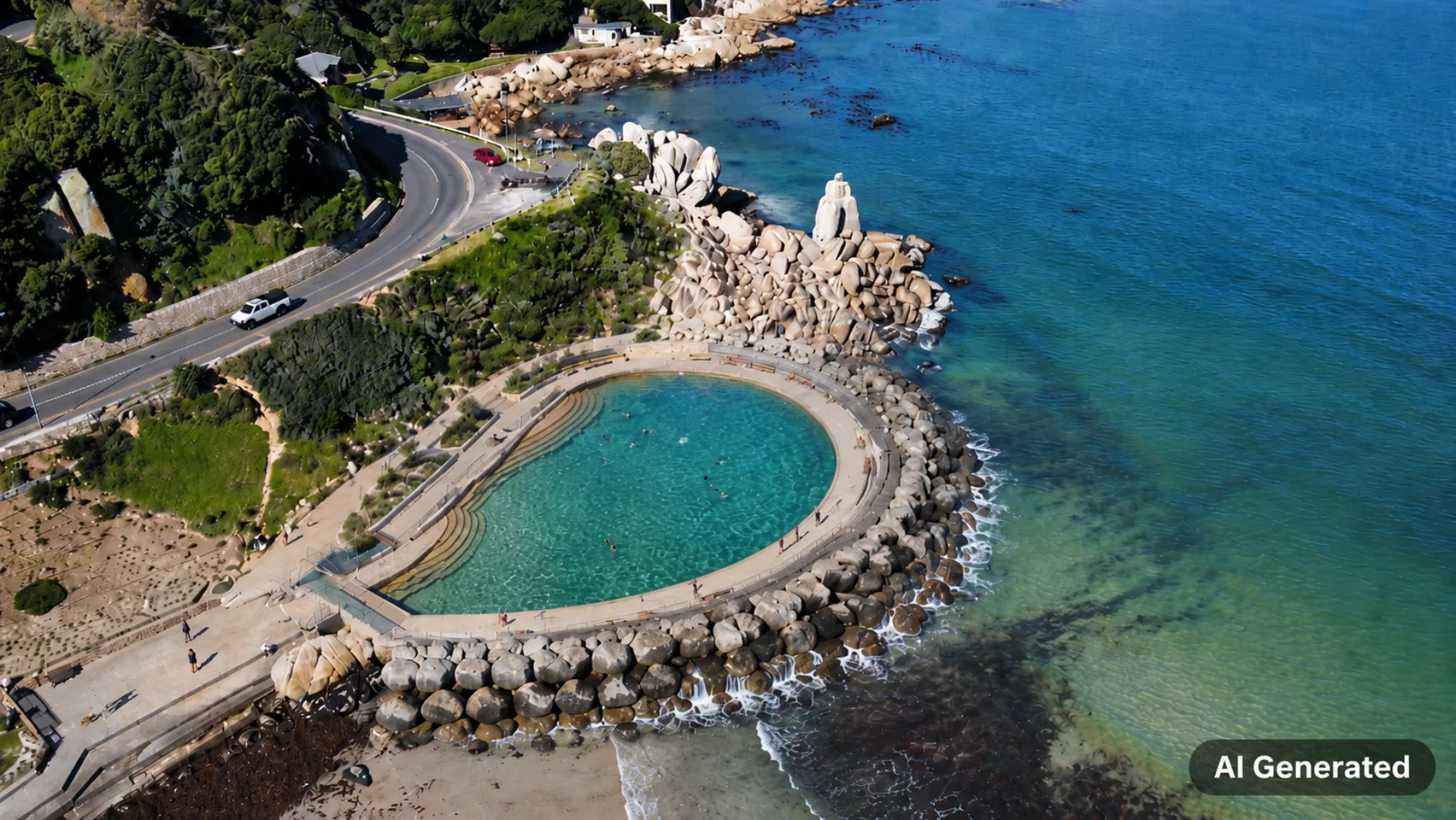 Aerial render of the proposed Hout Bay tidal pool set into the rocky coastline